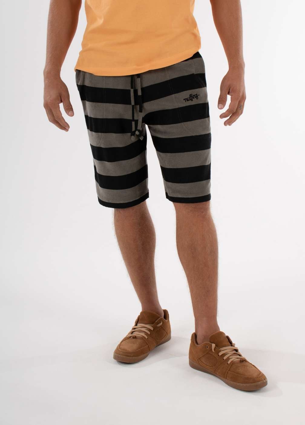 nuffinz striped shorts - SMOKEY OLIVE TOWEL SHORTS ST - 100% organic cotton - terry cloth - comfortable shorts for men - closeup side / front