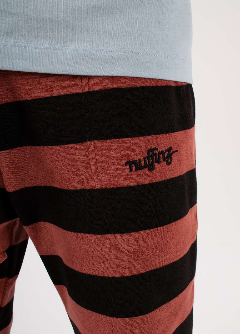 TANDOORI SPICE TOWEL SHORTS ST closeup - nuffinz logo - men's shorts with front pockets