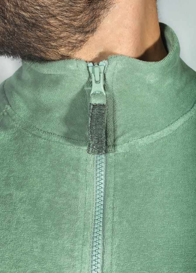 bearded man wearing nuffinz towel jacket lilypad green closeup ykk zipper 